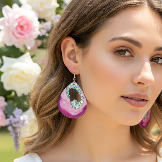 Australian handmade dangle earrings Pink Geode worn for whimsical everyday sparkle