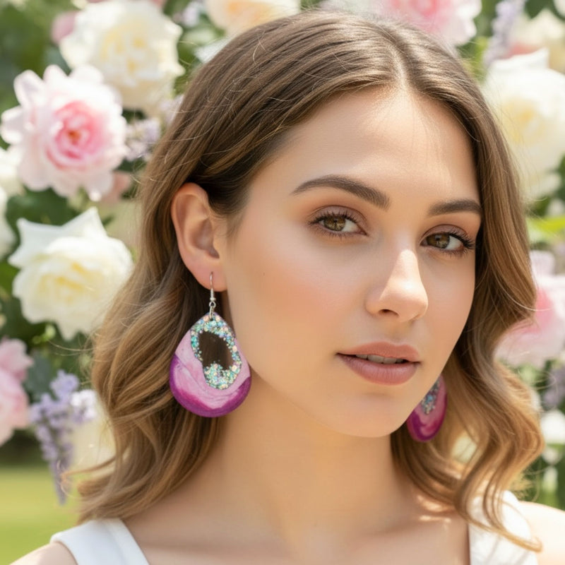 Australian handmade dangle earrings Pink Geode worn for playful everyday style