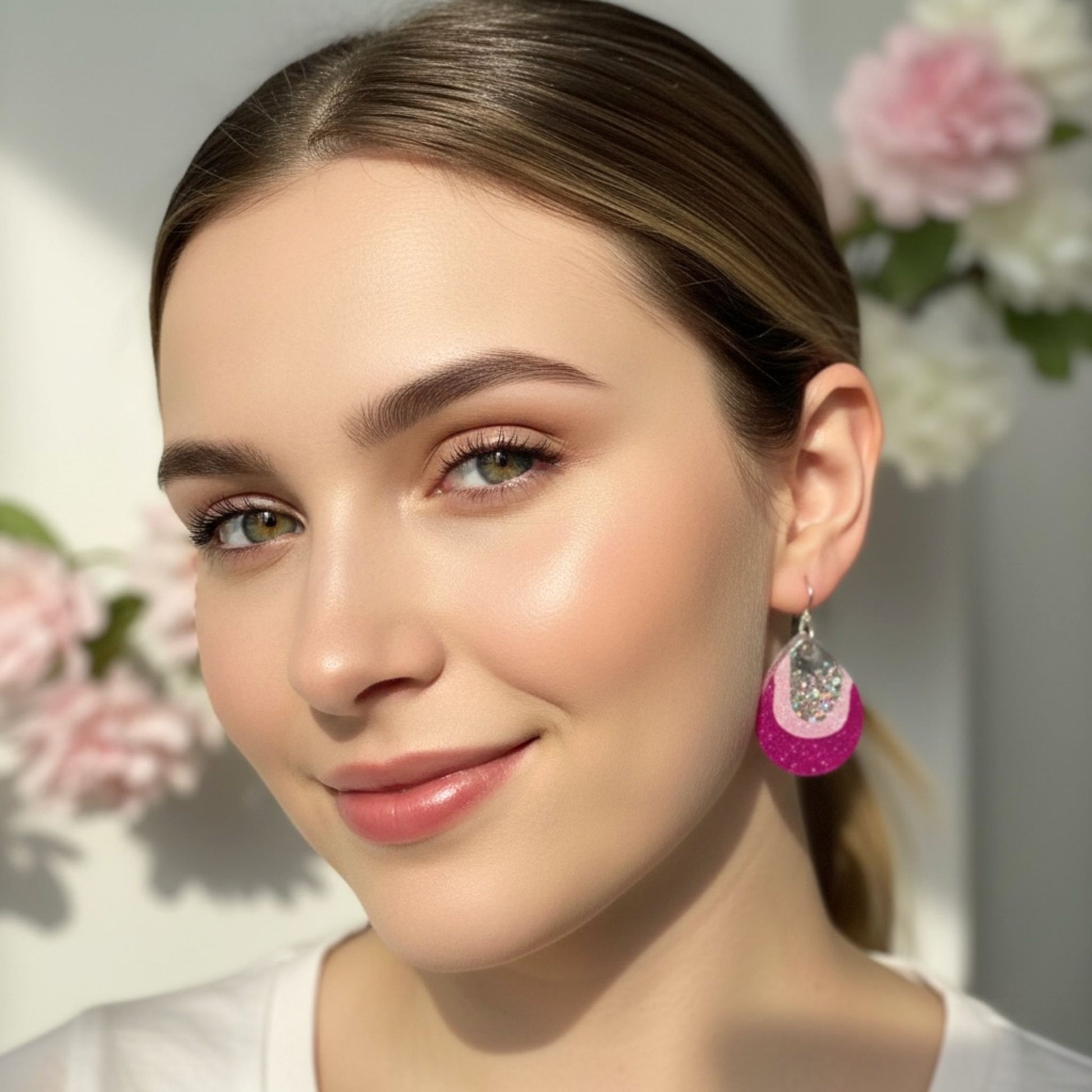 Australian handmade dangle earrings Pink Geode in small size worn for whimsical everyday style