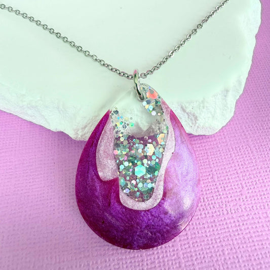 Australian handmade necklace Pink Geode in sparkly resin