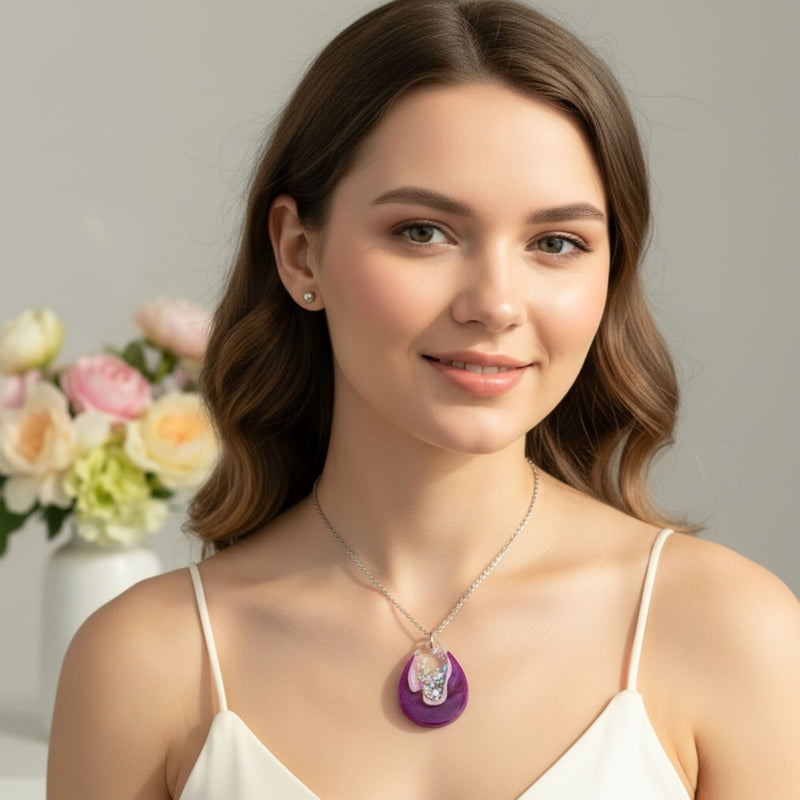 Australian handmade pendant necklace Pink Geode worn for playful everyday style