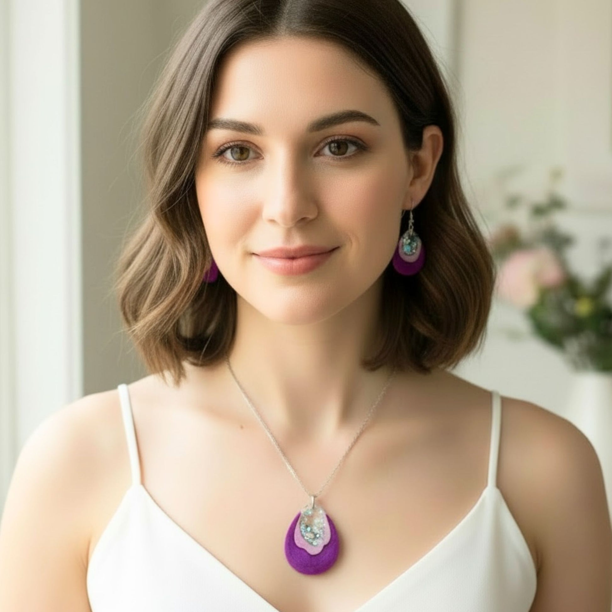 Australian handmade pendant necklace and earrings Pink Geode worn for whimsical everyday style