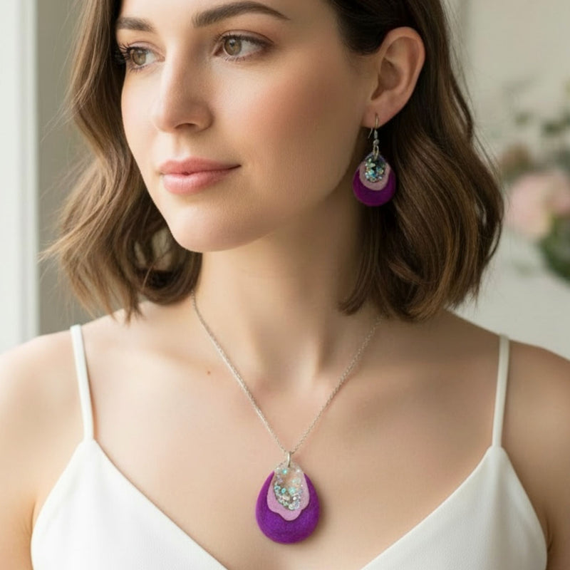 Australian handmade pendant necklace and earrings gift set Pink Geode worn for playful everyday sparkle