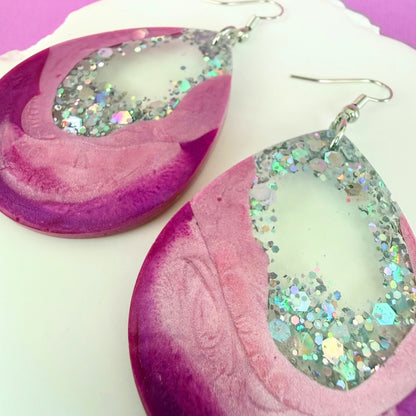 Close up of lightweight statement earrings Pink Geode showing sparkle detail