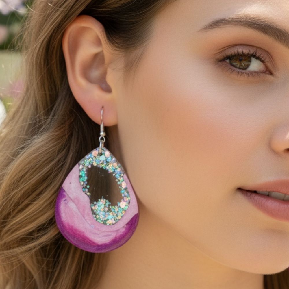 Close-up of a woman wearing Pink and purple Australian handmade resin statement dangle earrings with silver toned hooks and glitter details against a blurred background.