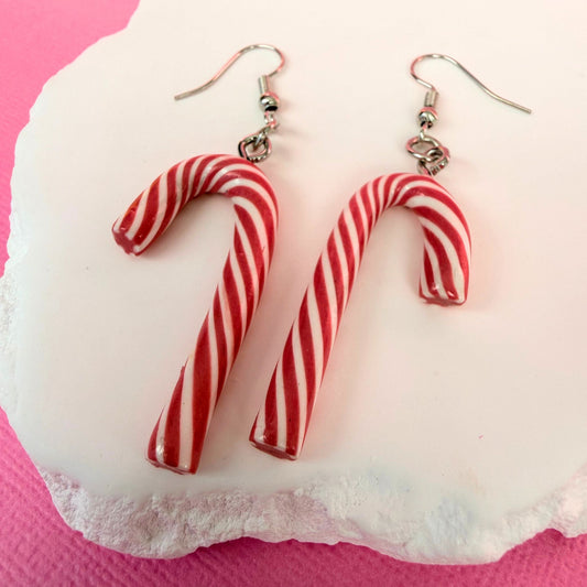 Australian handmade dangle earrings Pink Peppermint Candy Canes with playful polymer clay charms