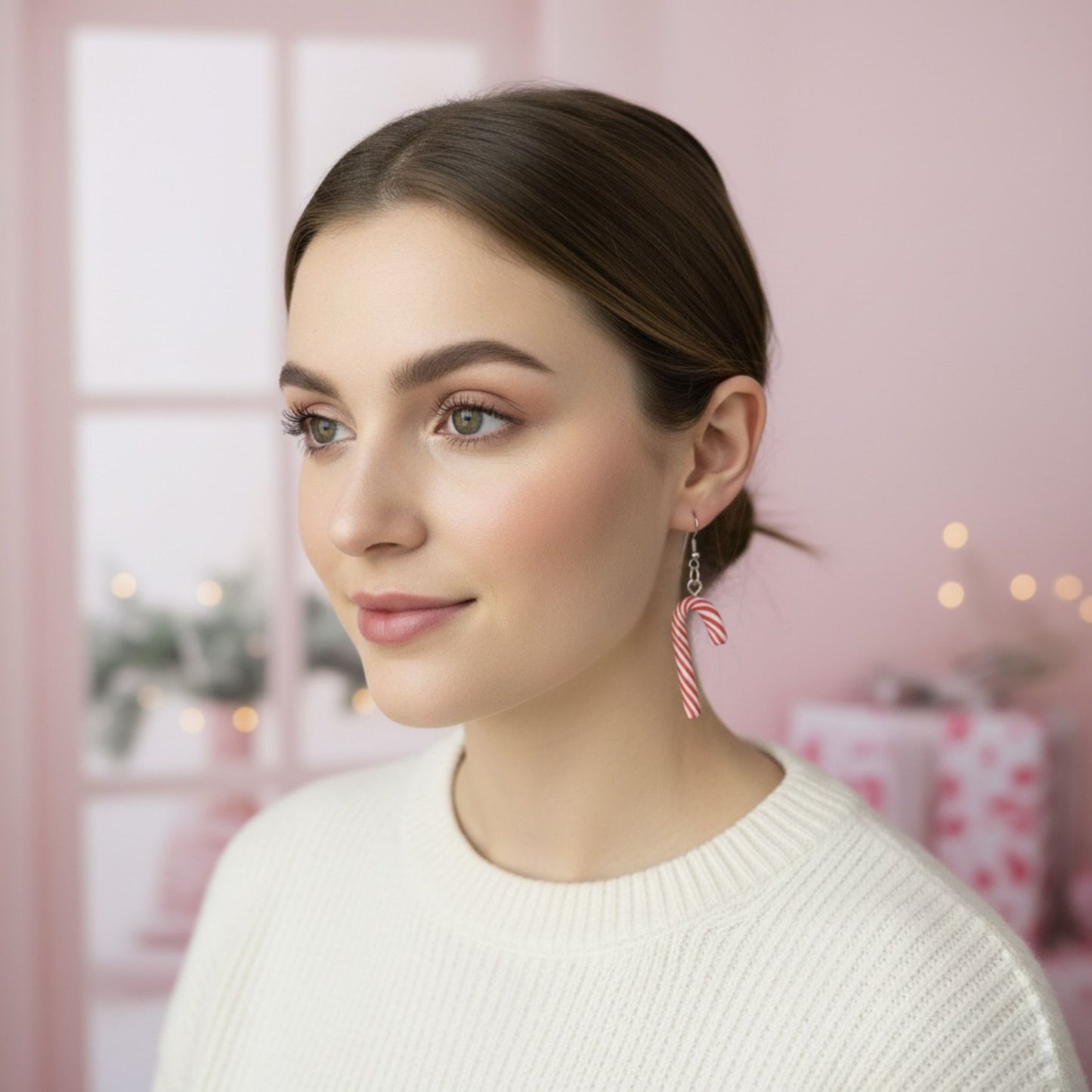 Australian handmade dangle earrings Pink Peppermint Candy Canes worn for playful everyday style