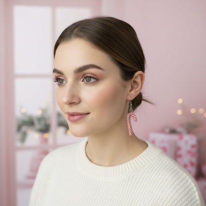 Australian handmade dangle earrings Pink Peppermint Candy Canes worn for playful everyday style
