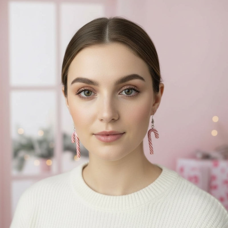 Australian handmade dangle earrings Pink Peppermint Candy Canes worn for festive everyday style