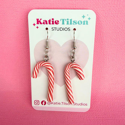 Handmade dangle earrings Pink Peppermint Candy Canes in gift packaging