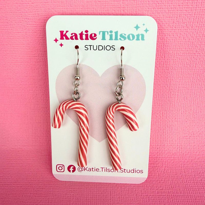 Handmade dangle earrings Pink Peppermint Candy Canes in gift packaging