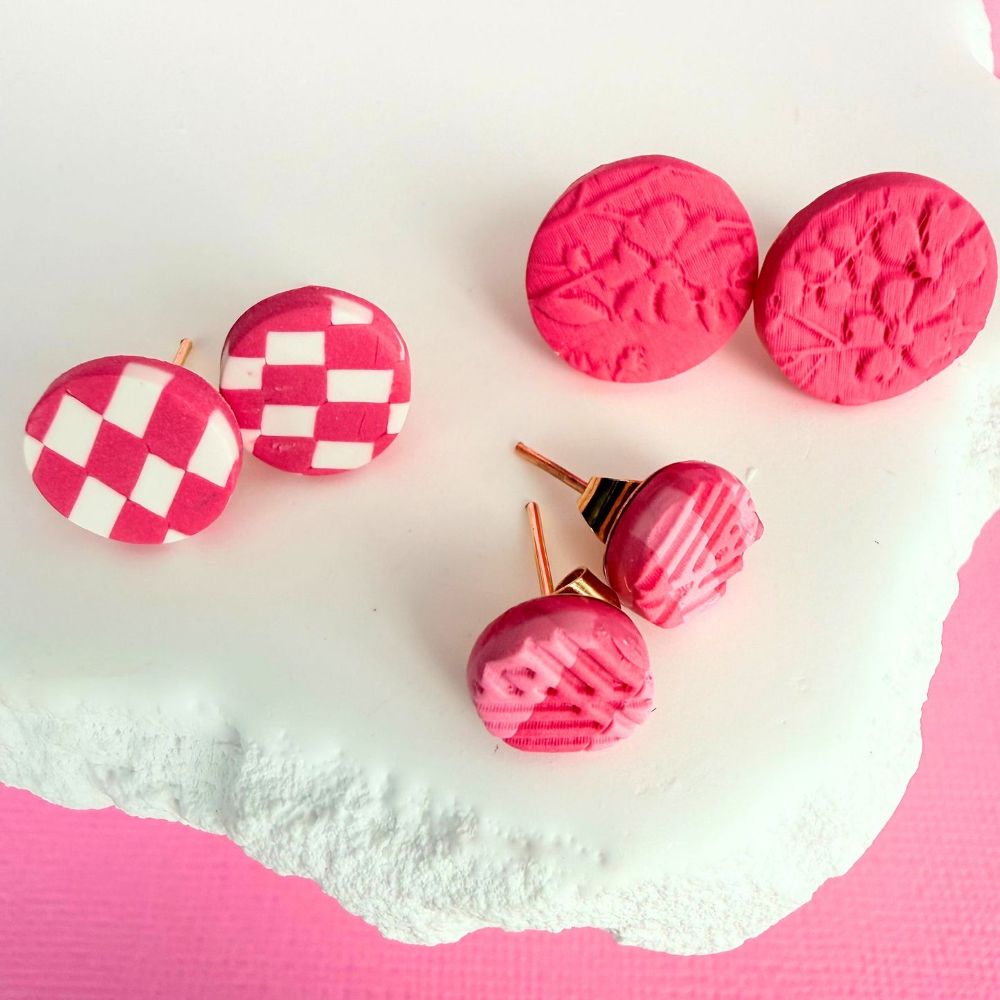 Australian handmade stud earrings Pretty In Pink Trio in playful polymer clay