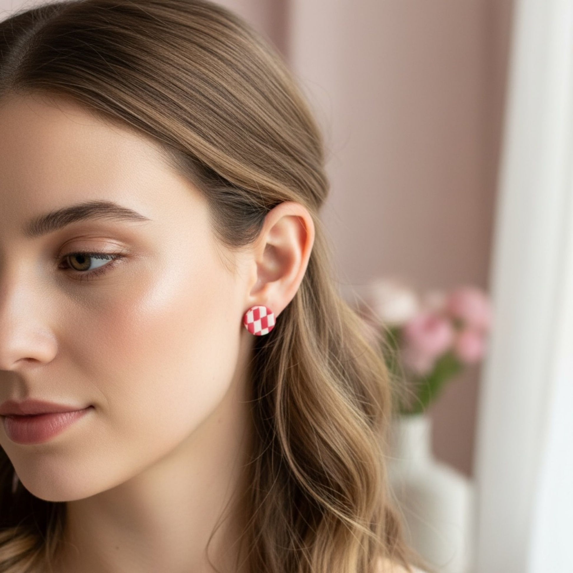 Australian handmade stud earrings Pretty In Pink worn for whimsical everyday style