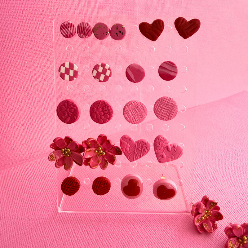 Australian handmade stud earrings Pretty In Pink Trio styled with other Katie Tilson Studios earrings