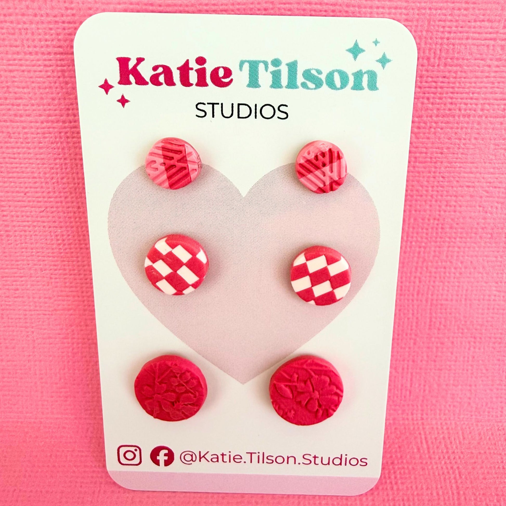 Handmade stud earrings Pretty In Pink Trio in gift packaging