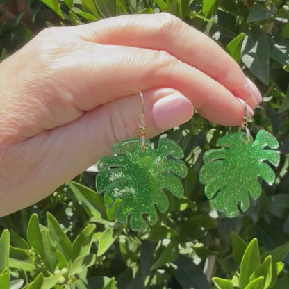 Video of Australian handmade dangle earrings Monstera Magic showing playful movement