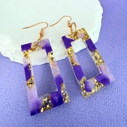 Australian handmade dangle earrings Purple Haze in playful resin design