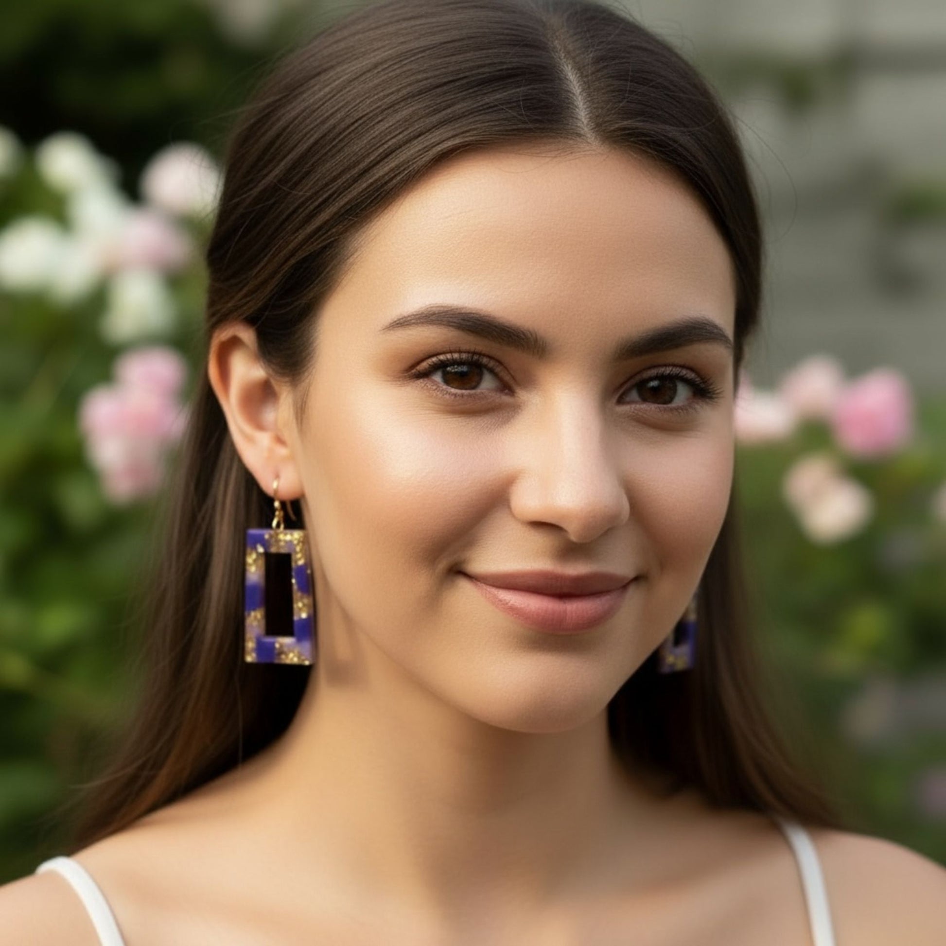 Australian handmade dangle earrings Purple Haze worn for playful sparkle