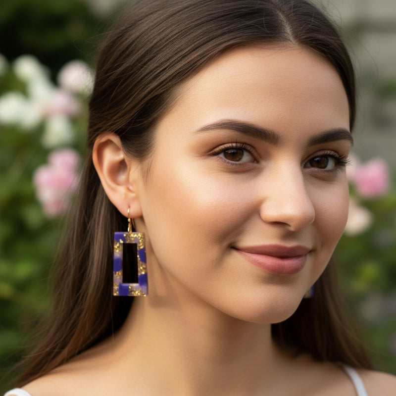 Australian handmade dangle earrings Purple Haze worn for playful charm