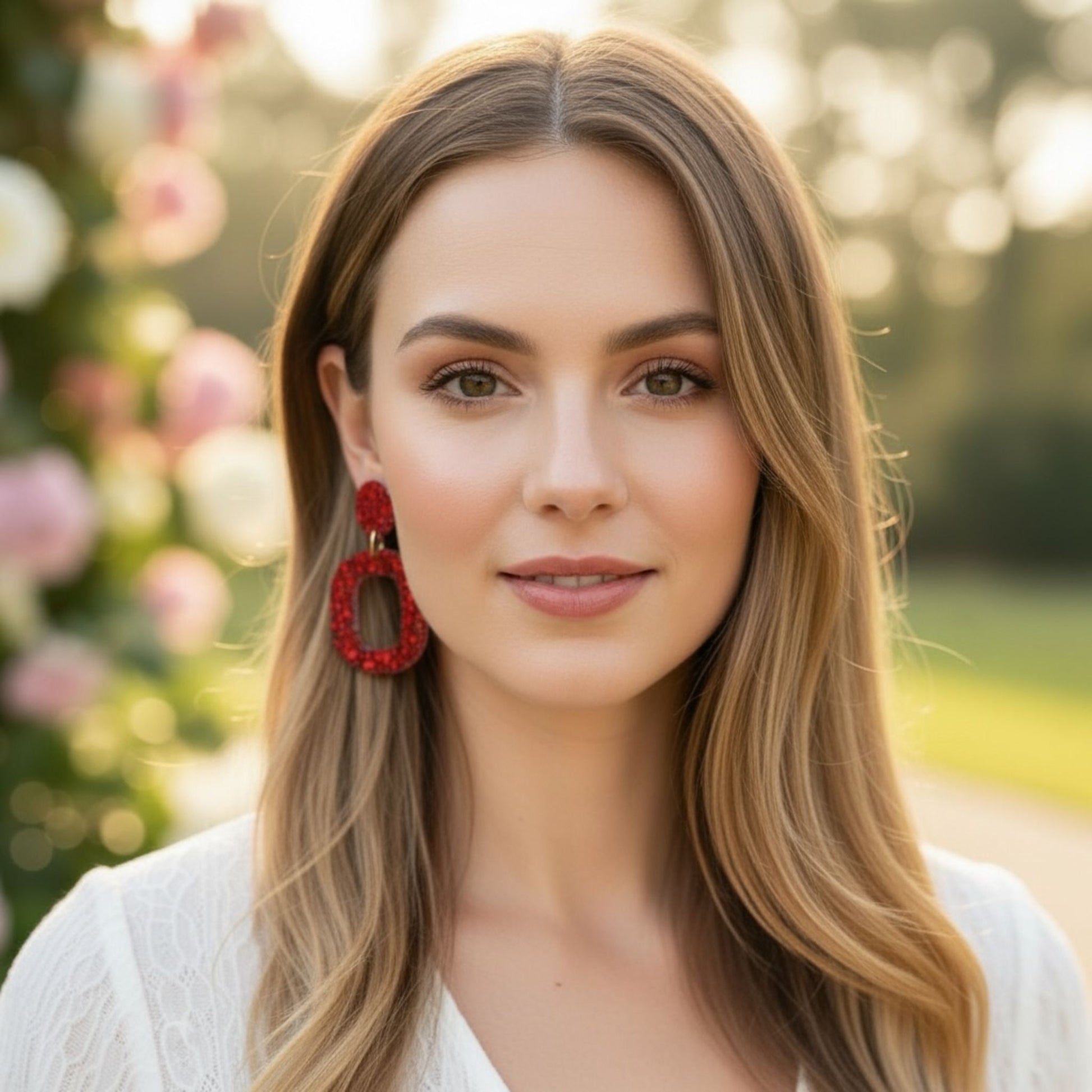Australian handmade drop earrings Ruby Tuesday worn for joyful everyday style