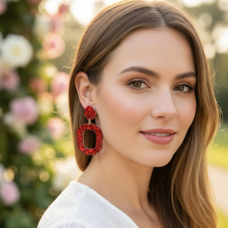 Australian handmade drop earrings Ruby Tuesday worn for playful everyday style