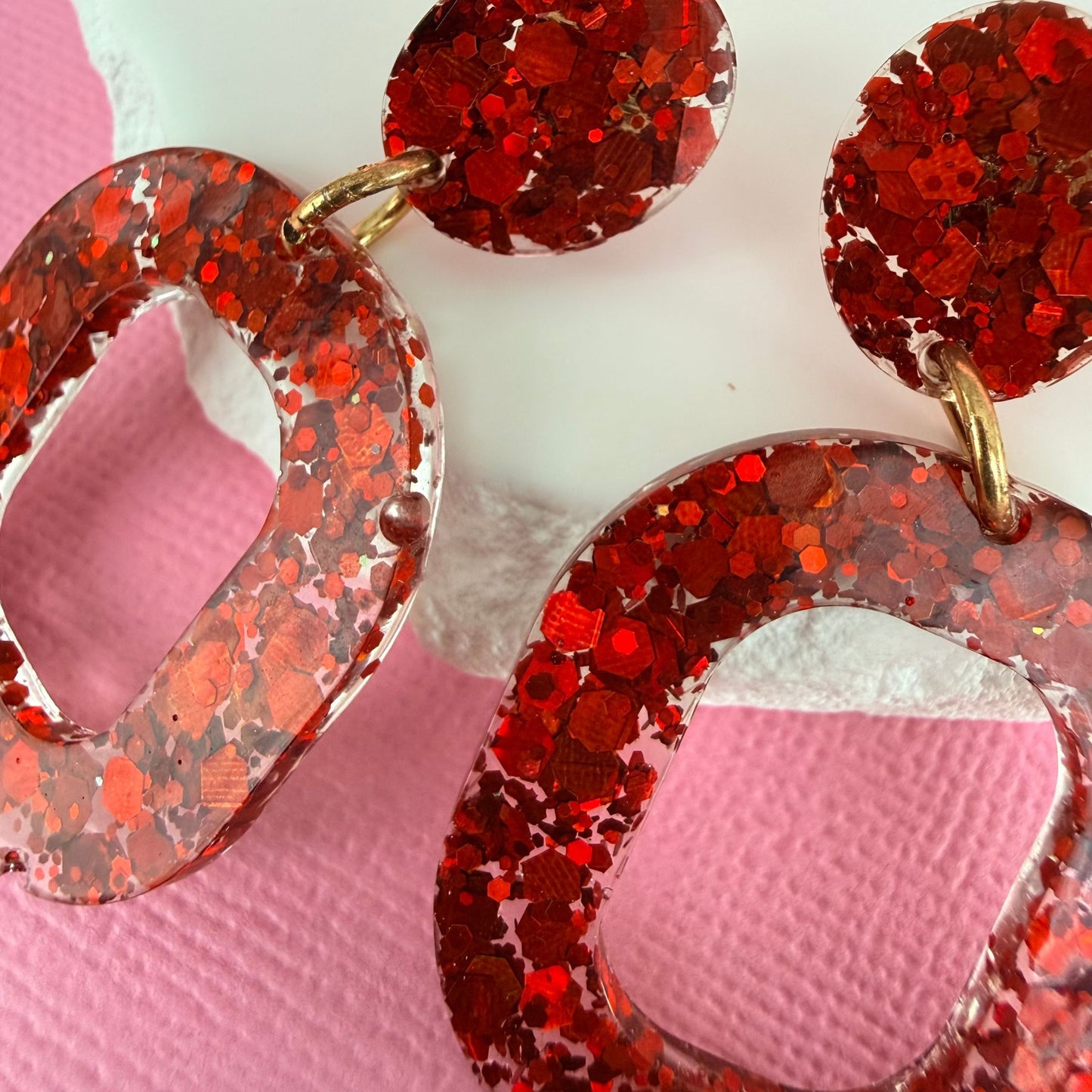 Close up of lightweight handmade drop earrings Ruby Tuesday