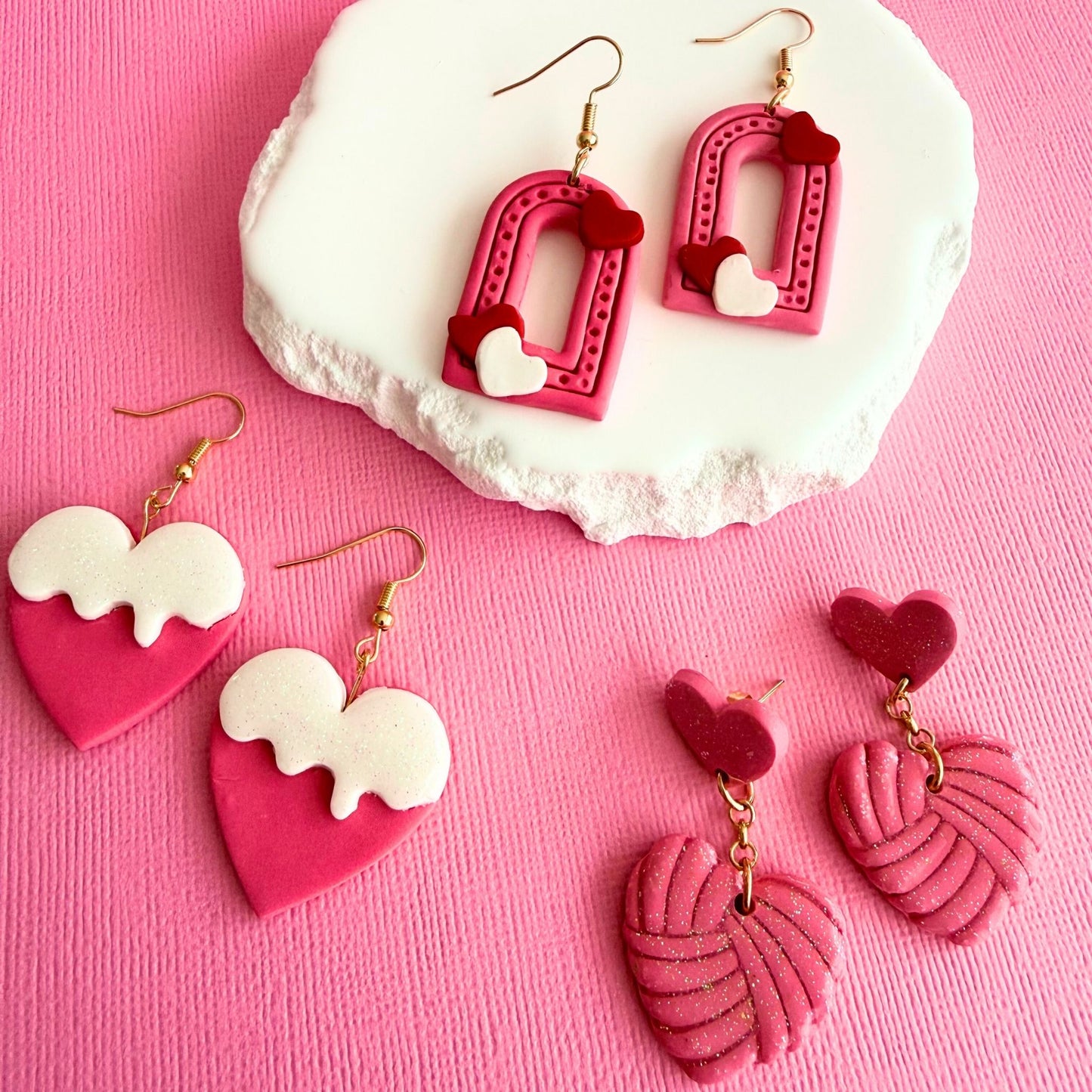 Australian handmade drop earrings Soft Stitch Hearts styled with other Katie Tilson Studios earrings