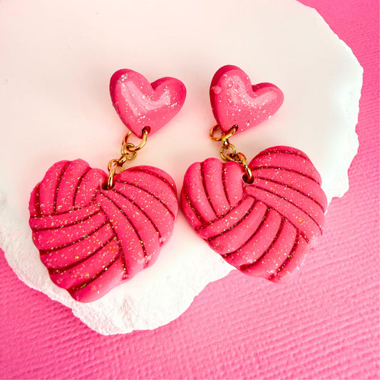 Australian handmade drop earrings Soft Stitch Hearts with playful polymer clay pieces hanging from studs