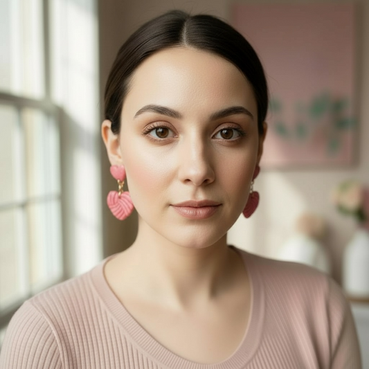 Australian handmade drop earrings Soft Stitch Hearts worn for joyful everyday style