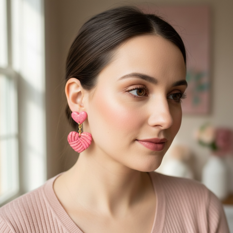 Australian handmade drop earrings Soft Stitch Hearts worn by model showing playful movement
