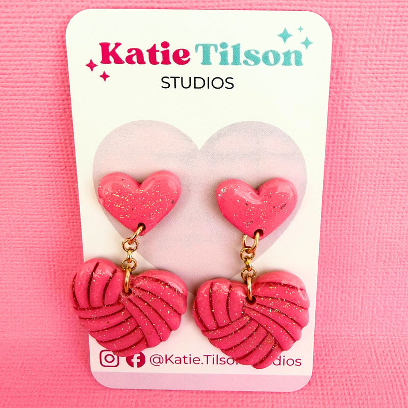 Handmade drop earrings Soft Stitch Hearts in gift packaging