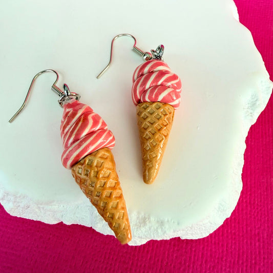 Australian handmade dangle earrings Strawberry Swirl Soft Serve Cones with playful polymer clay charms