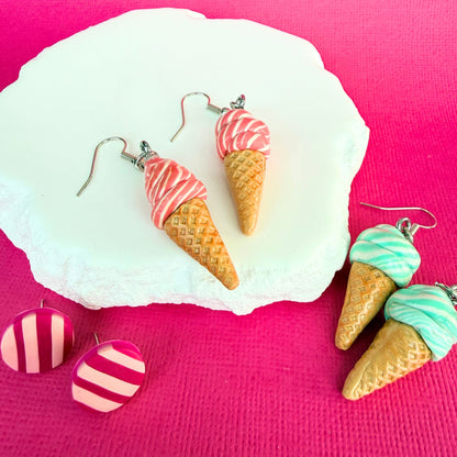 Australian handmade dangle earrings Strawberry Swirl Soft Serve Cones styled with other Katie Tilson Studios earrings