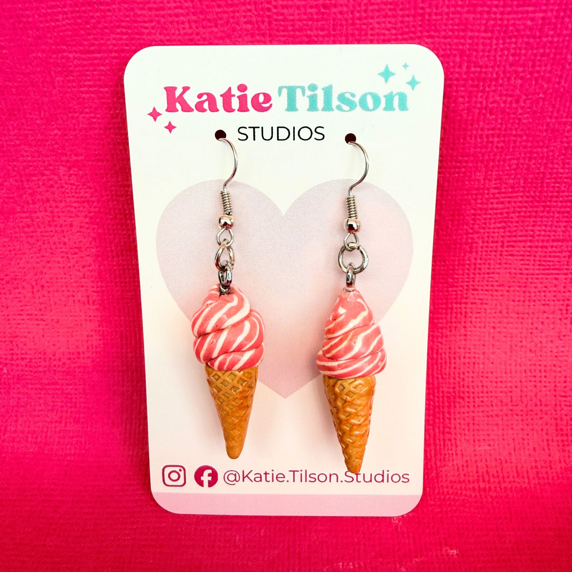 Handmade dangle earrings Strawberry Swirl Soft Serve Cones in gift packaging