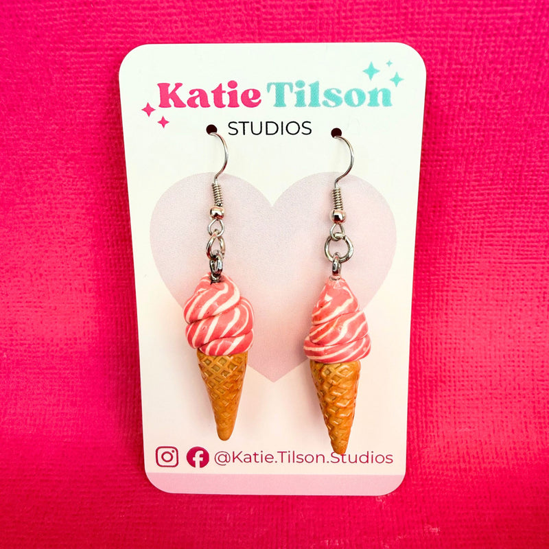 Handmade dangle earrings Strawberry Swirl Soft Serve Cones in gift packaging