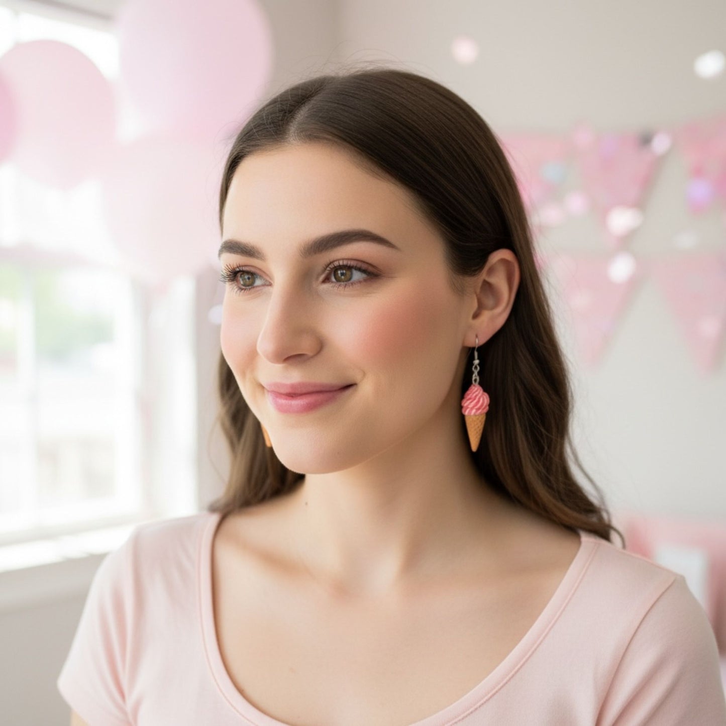 Australian handmade dangle earrings Strawberry Swirl Soft Serve Cones worn for playful everyday style