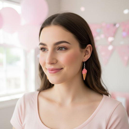 Australian handmade dangle earrings Strawberry Swirl Soft Serve Cones worn for playful everyday style