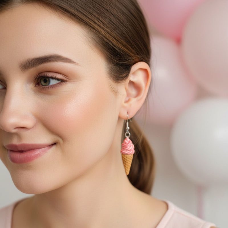 Australian handmade dangle earrings Strawberry Swirl Soft Serve Cones worn for joyful everyday style