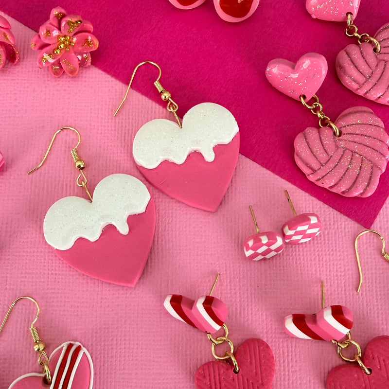 Australian handmade dangle earrings Sugar Drip Hearts styled with other Katie Tilson Studios earrings