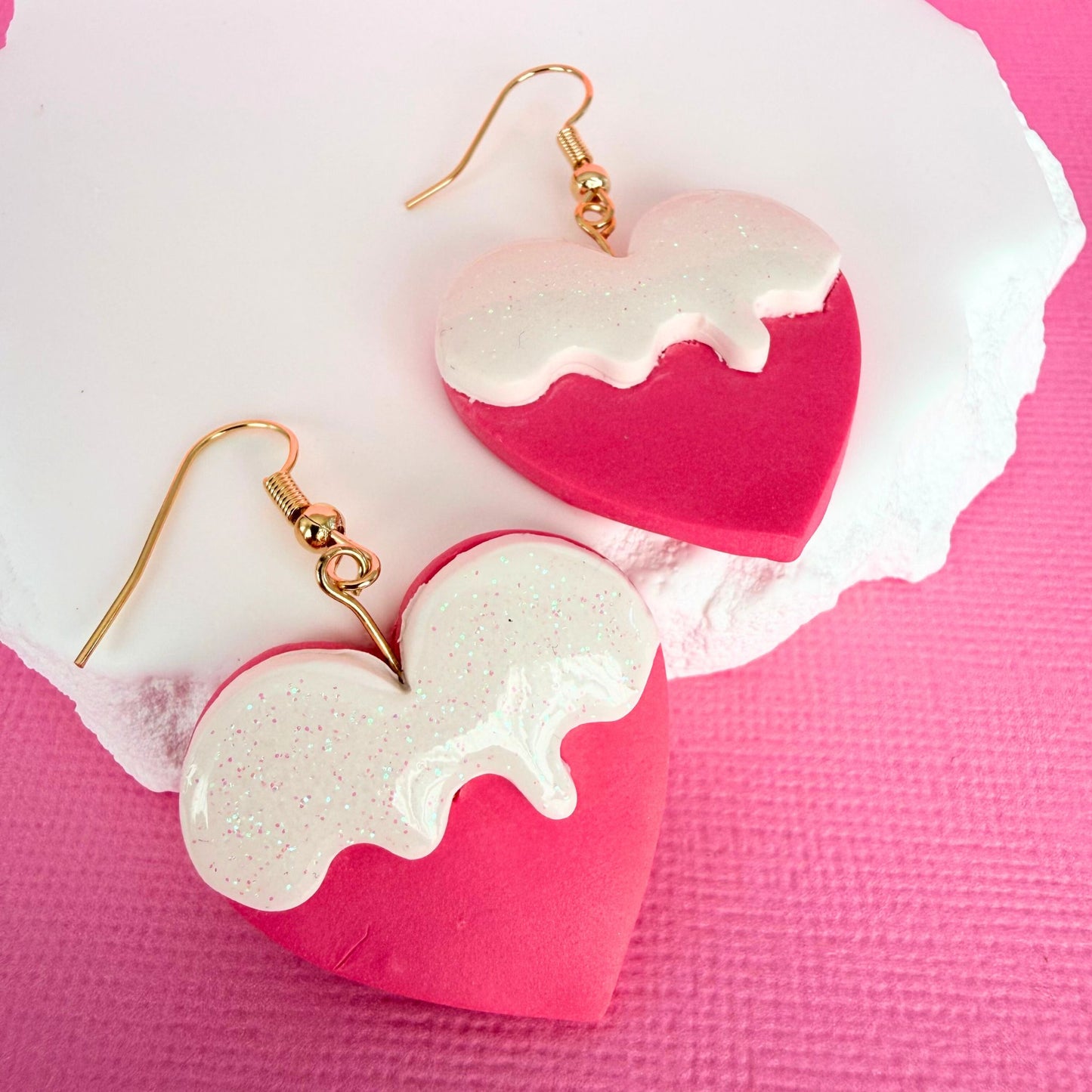 Australian handmade dangle earrings Sugar Drip Hearts with gold findings