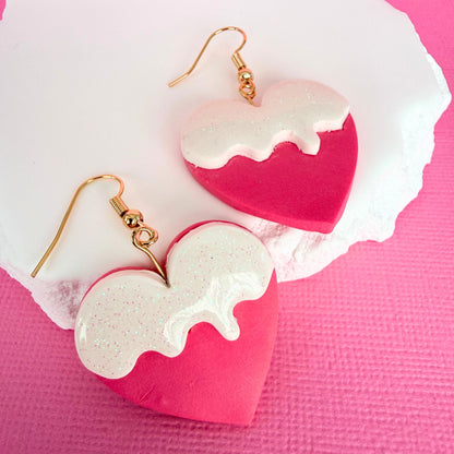 Australian handmade dangle earrings Sugar Drip Hearts with gold findings
