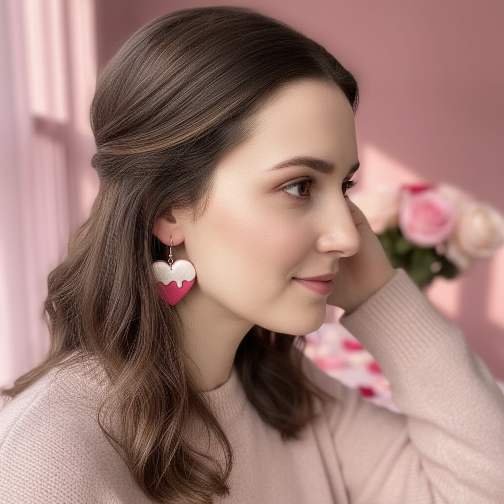 Australian handmade dangle earrings Sugar Drip Hearts worn for whimsical charm