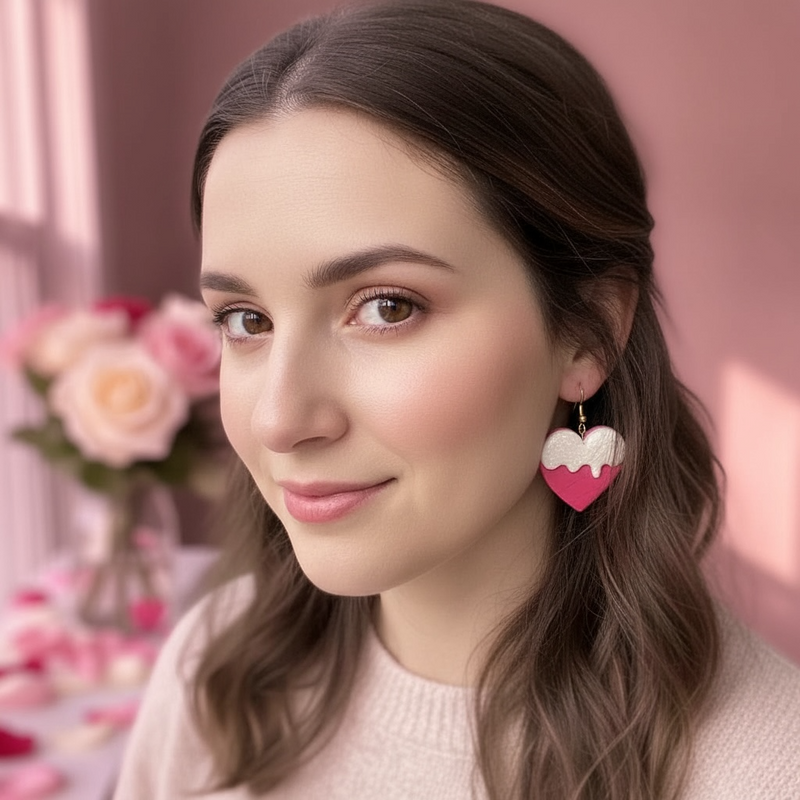 Australian handmade dangle earrings Sugar Drip Hearts worn for playful style