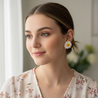 Australian handmade stud earrings Sunny Meadow Daisy Studs worn by model for joyful everyday style