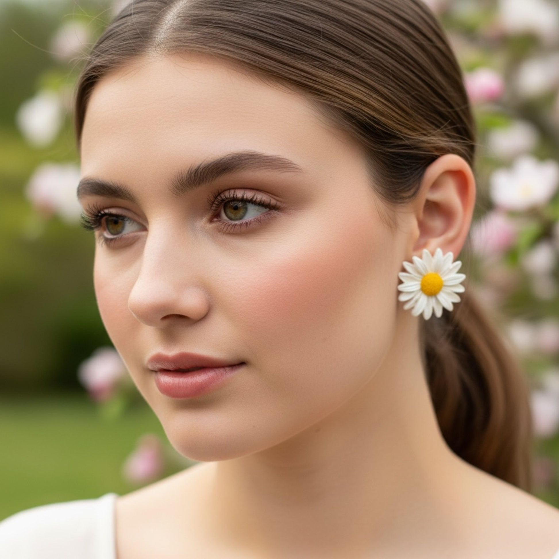 Australian handmade stud earrings Sunny Meadow Daisy Studs worn by model showing movement and scale