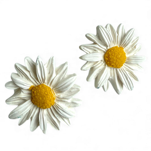 Large white polymer clay daisy stud earrings with yellow centres