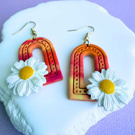 Australian handmade dangle earrings Sunrise Daisy Arches with playful polymer clay charms