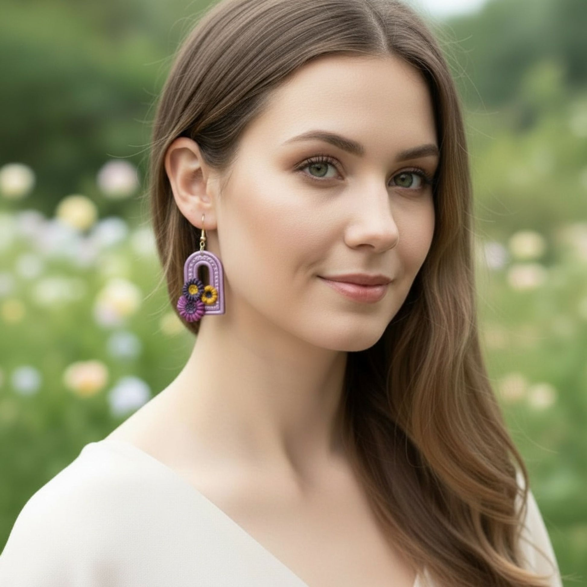 Australian handmade dangle earrings Bold Rainbow Dreams worn by model for joyful everyday sparkle