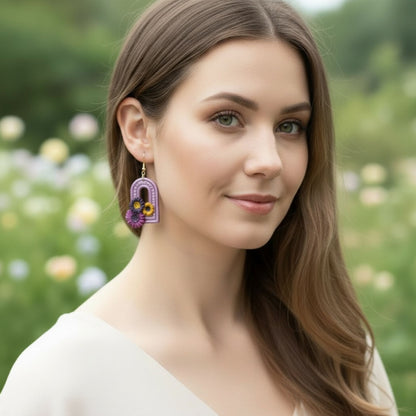 Australian handmade dangle earrings Bold Rainbow Dreams worn by model for joyful everyday sparkle