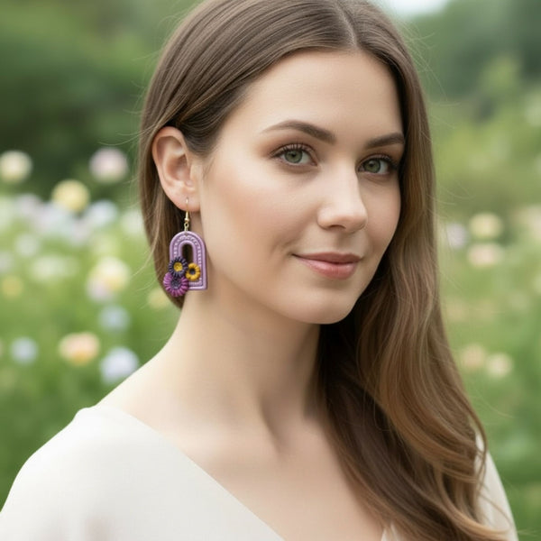 Australian handmade dangle earrings Bold Rainbow Dreams worn by model for joyful everyday sparkle